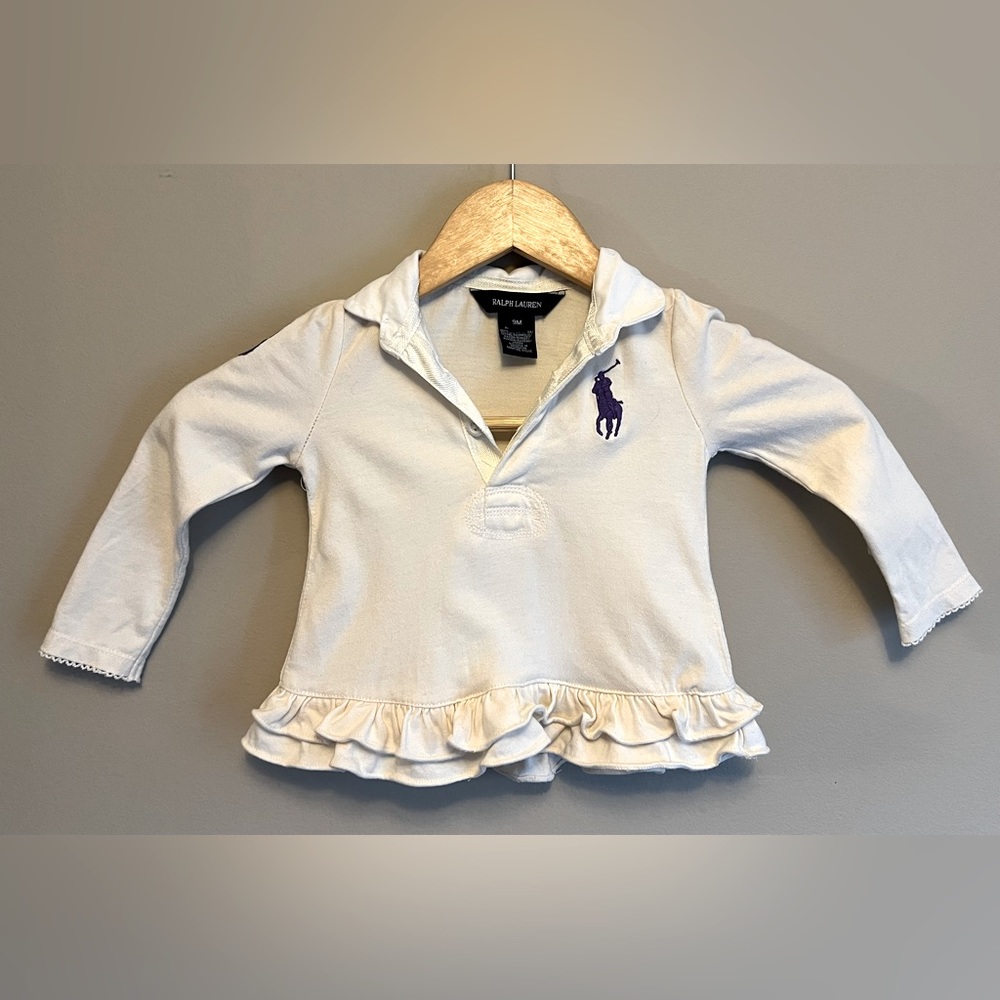 Polo Ralph Lauren Baby Girl Cream & Purple Big Pony Long Sleeve Top Size 9M